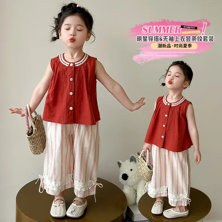 女童夏装套装2025新款洋气时髦宝宝无袖上衣3-6岁儿童4夏季两件套