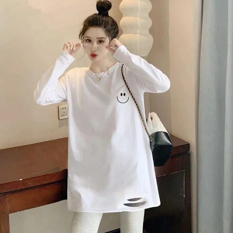 中长款遮屁股遮肚藏肉打底衫长袖女秋冬磨毛加厚T恤配鲨鱼裤上衣