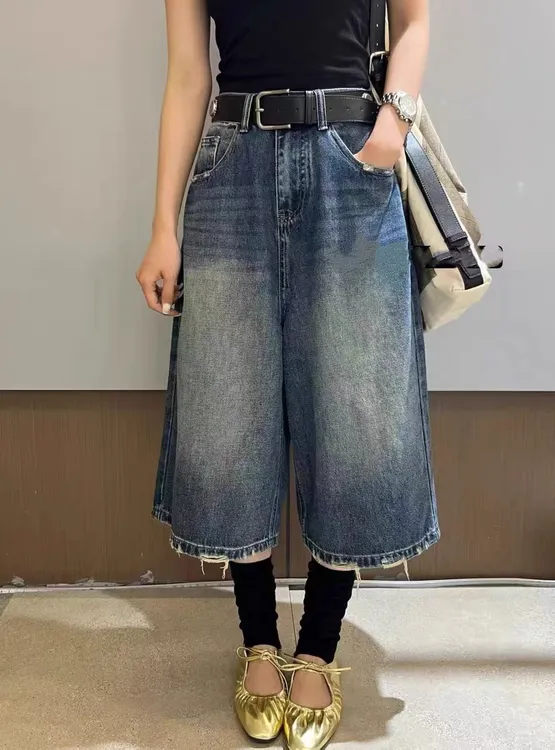 早秋高腰无弹宽松复古百搭休闲韩版七分阔腿牛仔汽水裤
