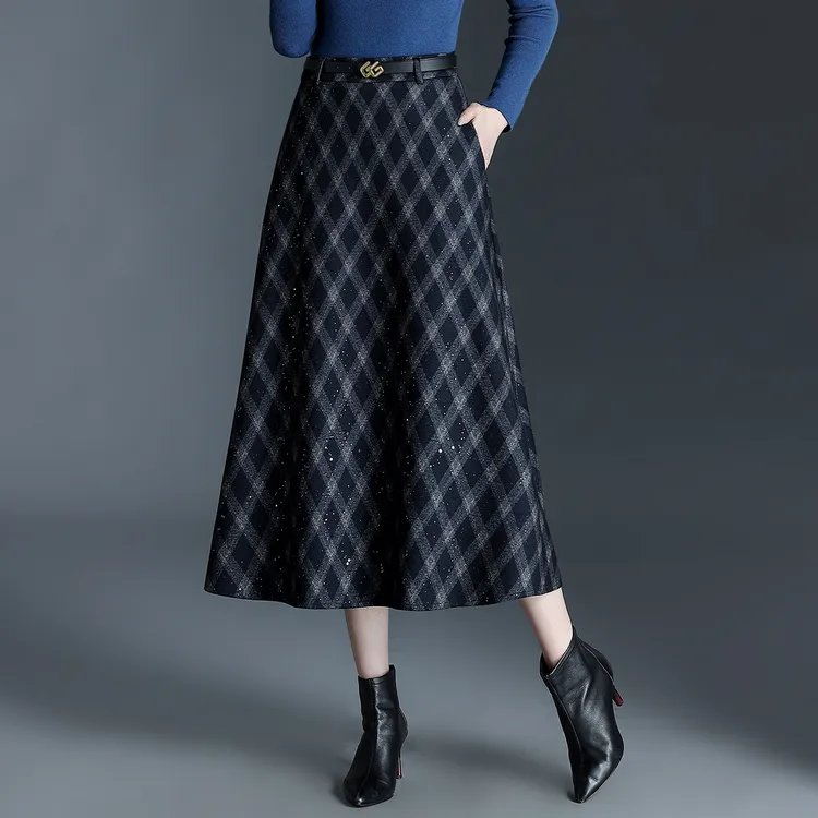 秋冬半身裙女2025新款半身长裙格子毛呢裙亮片a字裙子垂感高腰裙