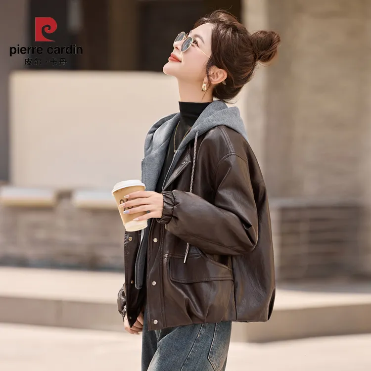 皮尔卡丹复古假两件连帽皮衣女2025年秋冬季新款短款休闲百搭加绒