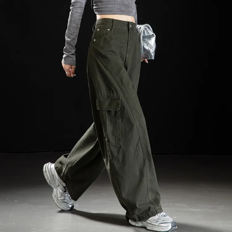 高街弯刀工装裤女款水洗做旧牛仔裤女2025新款设计感直筒裤阔腿裤