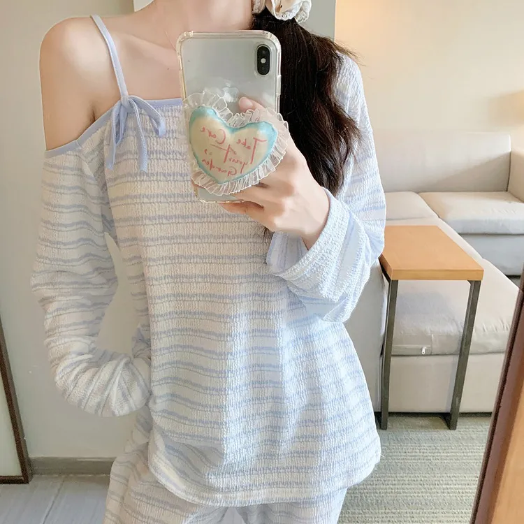 性感露肩睡衣女春秋季2025新款韩系高级感蓝色条纹长袖套装家居服