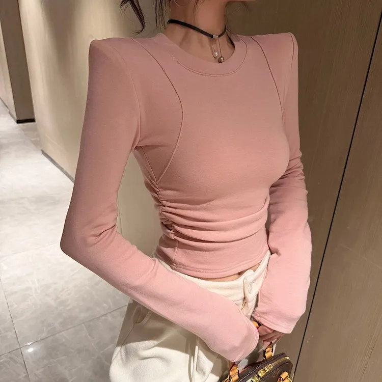 【绮梦】秋冬新款时尚百搭设计感侧打褶皱鱼骨线显瘦加绒打底上衣