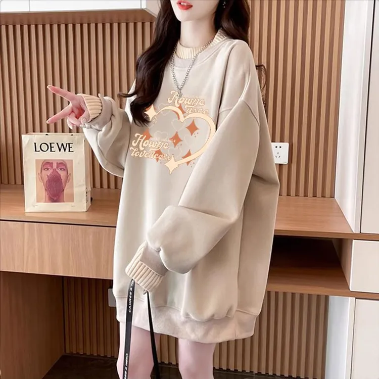 时尚设计感字母印花卫衣女秋冬款加绒休闲宽松中长款减龄百搭上衣