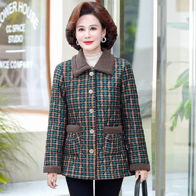 冬季新款妈妈装加绒保暖棉衣简约休闲棉袄中老年女加厚上衣棉服