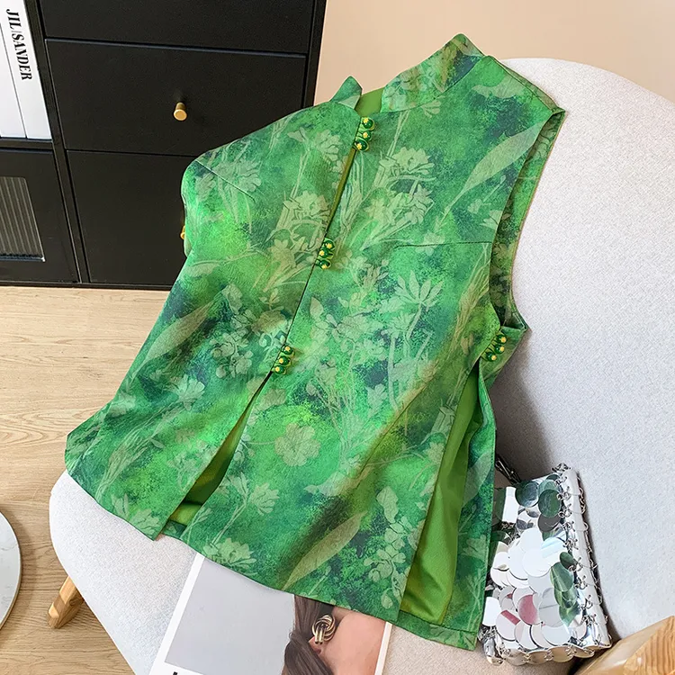 cygf33676新中式国风重工提花马甲女2025春季新款复古立领马夹