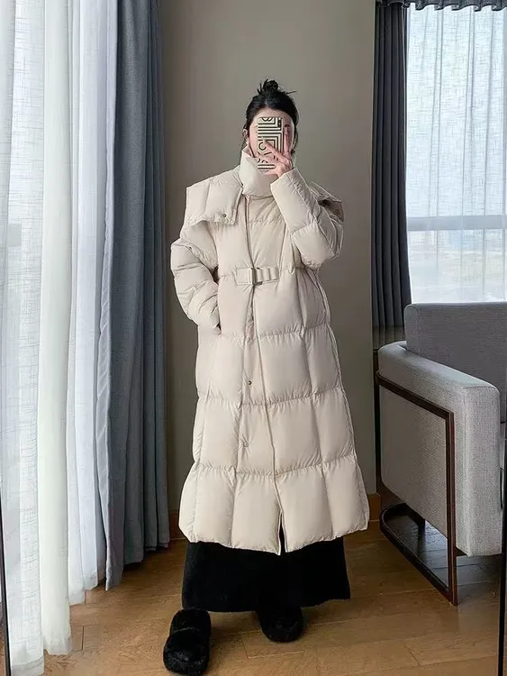 90%新国标白鸭绒女休闲立领大被子泡芙长款过膝加厚新款羽绒服