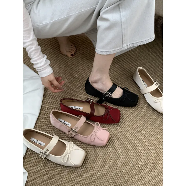 法式复古绸缎方头蝴蝶结奶奶鞋一字扣带玛丽珍单鞋气质甜美小皮鞋