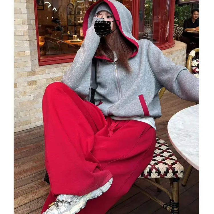 婉君Q智感凝灰秋季休闲风百搭宽松连帽卫衣外套两件套