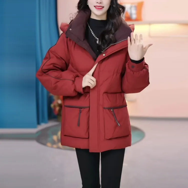 免洗保暖羽绒服女士2025冬季新款时尚宽松显瘦红色白鸭绒加厚外套