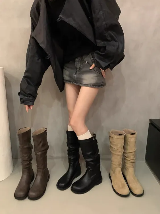 堆堆靴设计感粗跟高筒马丁靴女靴法式早秋绒面卡其色瘦瘦靴骑士靴