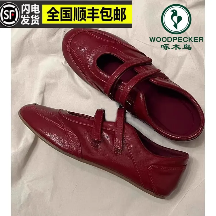 啄木鸟魔术贴内增高5cm运动鞋女2025春季新款玛丽珍红色平底单鞋