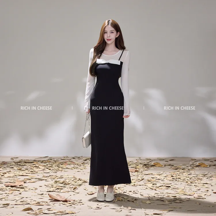 舒胡蕾 温婉少女 赫本风高级感假两件撞色弹力背心收腰连衣裙