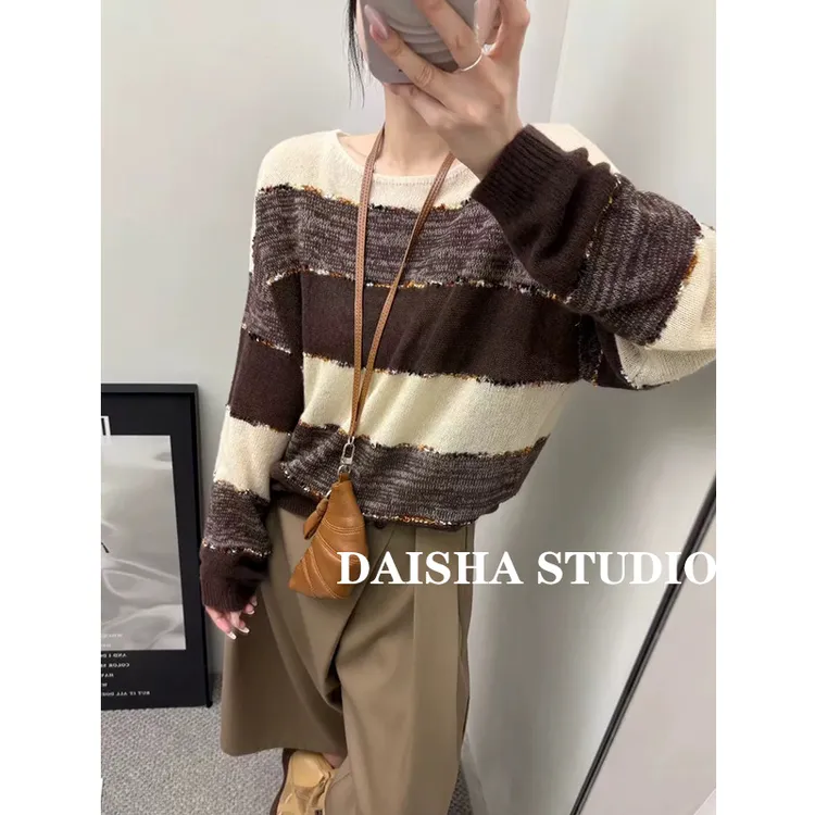 【摩卡奶泡】软糯慵懒百搭撞色针织衫女早秋新款宽松显瘦套头毛衣女