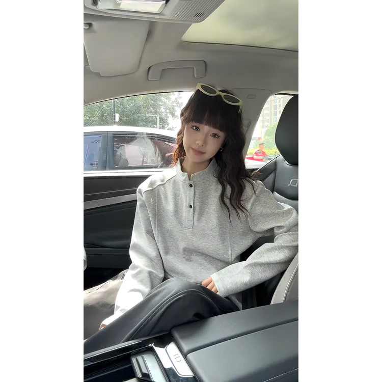 亨利领拼接长袖t恤男款早秋季正肩美式立领polo衫重磅卫衣打底衫