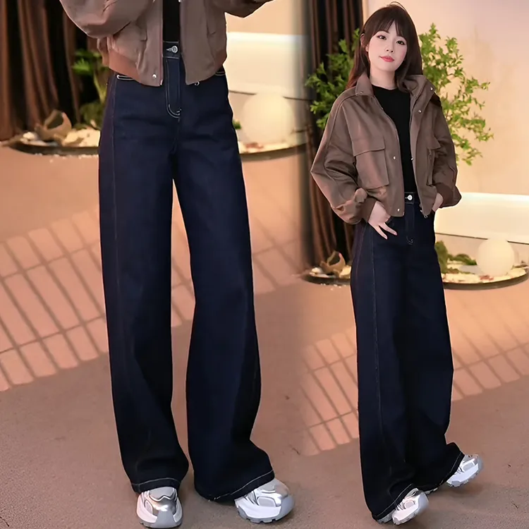 牛仔阔腿裤女2026春夏新款丹宁蓝深蓝牛仔裤高腰垂感宽松显瘦直筒