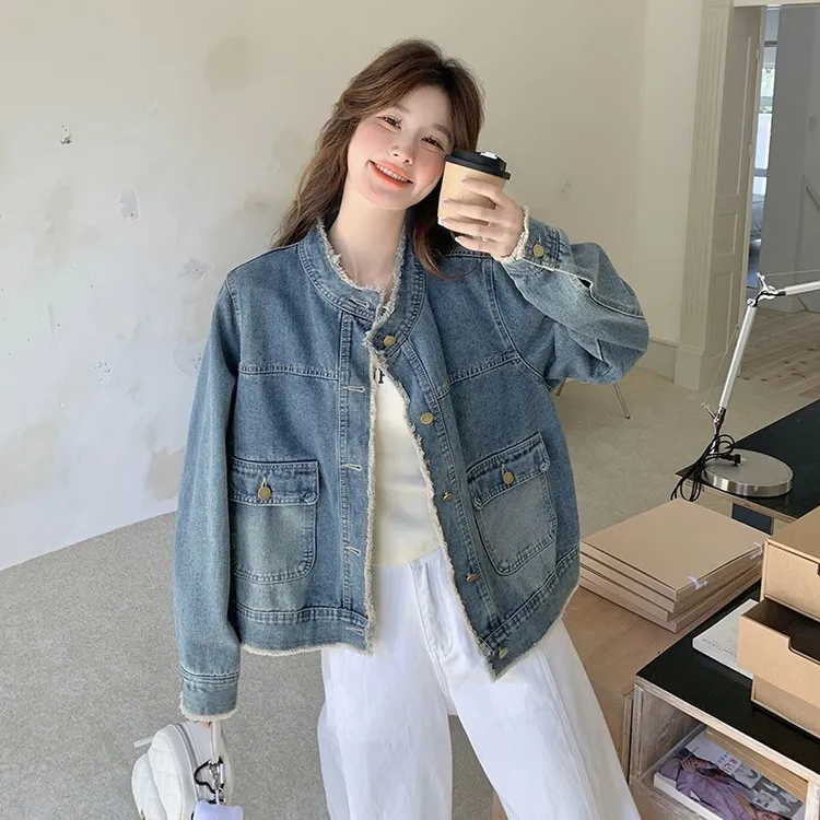 蓝色牛仔外套女2025春秋新款复古减龄毛边宽松显瘦小个子夹克上衣