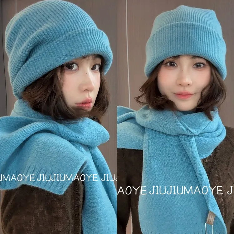 【100%澳洲羊毛】秋冬季针织帽子围巾轻职风成人通用保暖围巾时尚