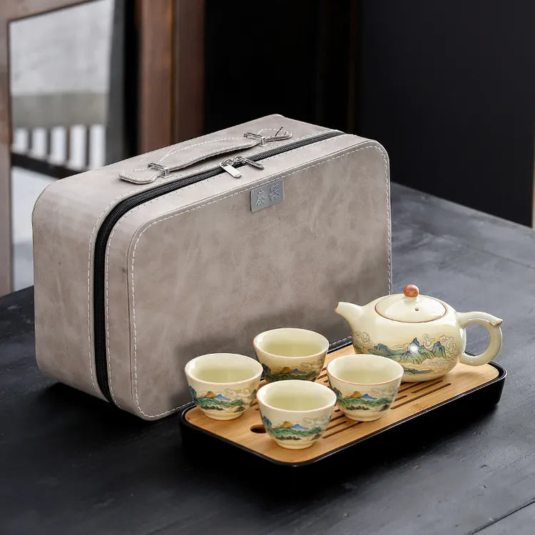 黄汝窑功夫泡茶户外旅行茶具2-4人喝小套装便携车载野外露营装备