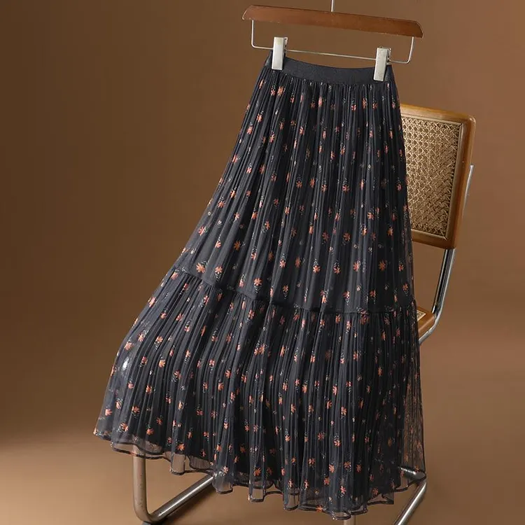 网纱碎花半身裙女春夏2025新款小个子印花蛋糕裙仙女a字裙百褶裙