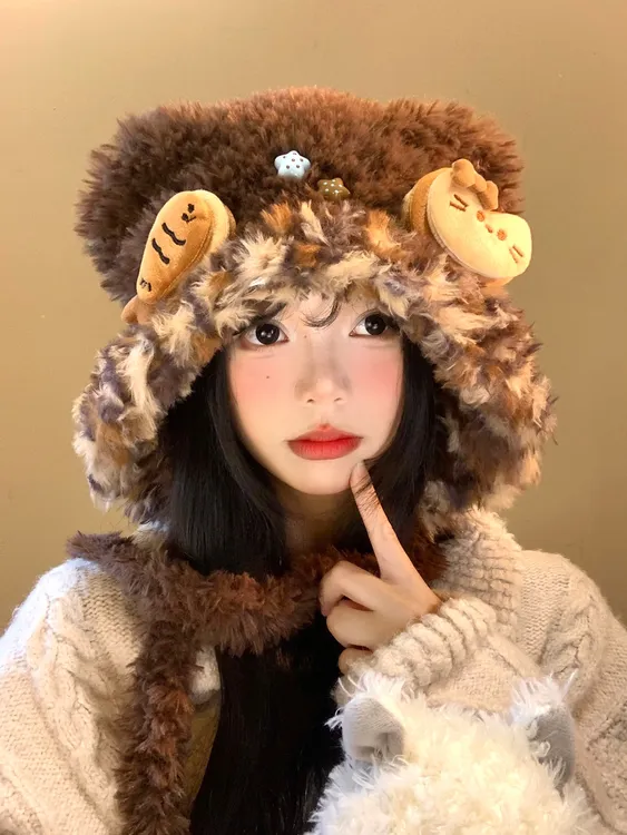 咖色小鱼猫咪毛绒护耳帽女秋冬显脸小针织毛线帽保暖防寒雷锋帽子