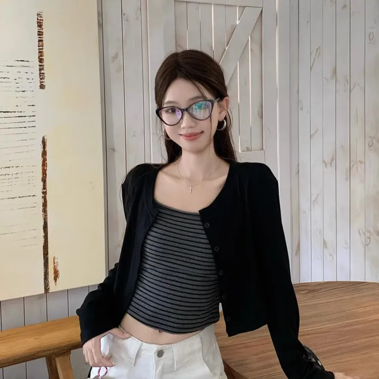 小众撞色条纹吊带背心辣妹套装女秋季气质长袖开衫短款外套两件套