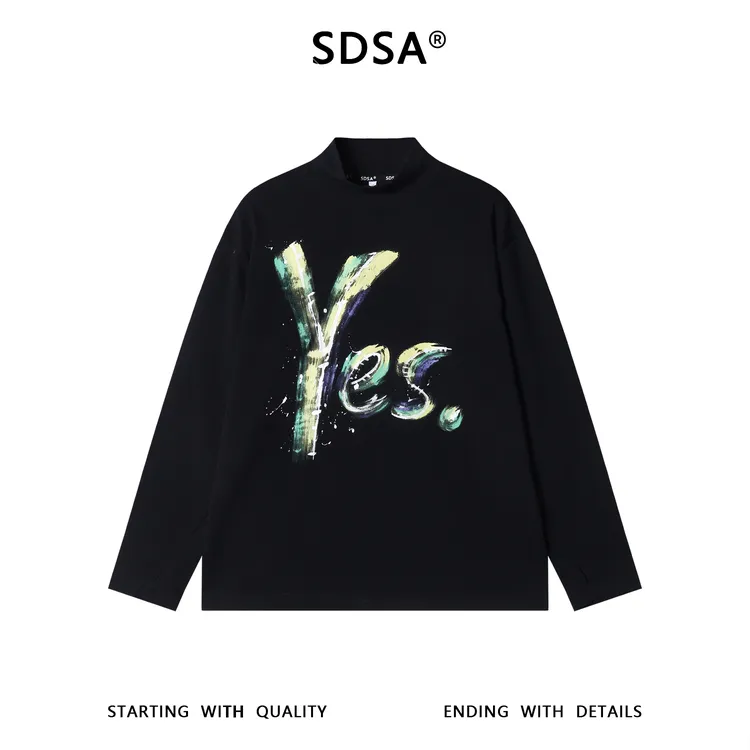 SDSA男士秋冬新款痞帅男装美式撞色手绘字母印花立领长袖T恤潮流