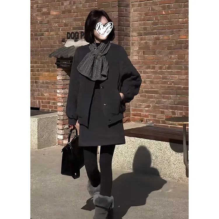 冬季时尚休闲宽松菱格夹棉外套+A字百搭显瘦短裙时尚两件套装