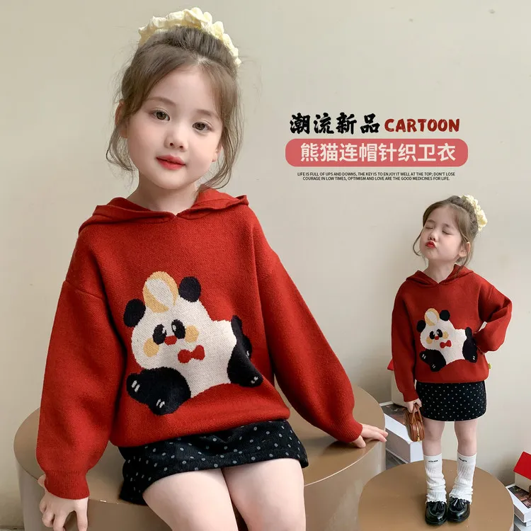 2025新款秋冬熊猫连帽卫衣女童可爱红色上衣百搭儿童外套潮