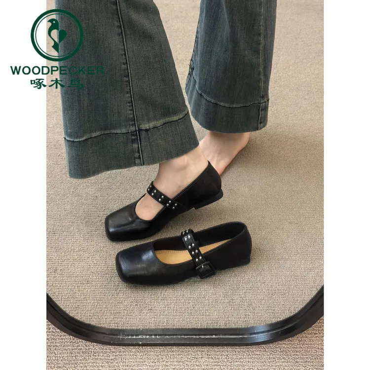啄木鸟复古韩系浅口玛丽珍单鞋女2025秋新款平底百搭配裙子小皮鞋