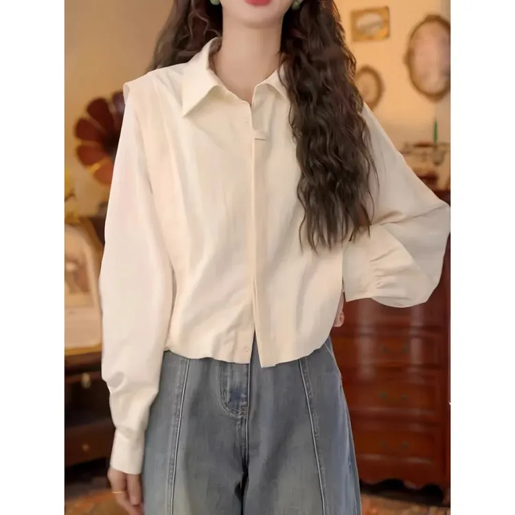 高级感宽松百搭长袖衬衫女秋季大码微胖小众设计显瘦开衫翻领上衣