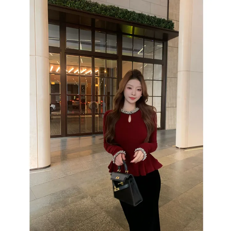 SZA【北岛初冬】冬季新款小香高级感重工钉珠长袖针织衫A-2537