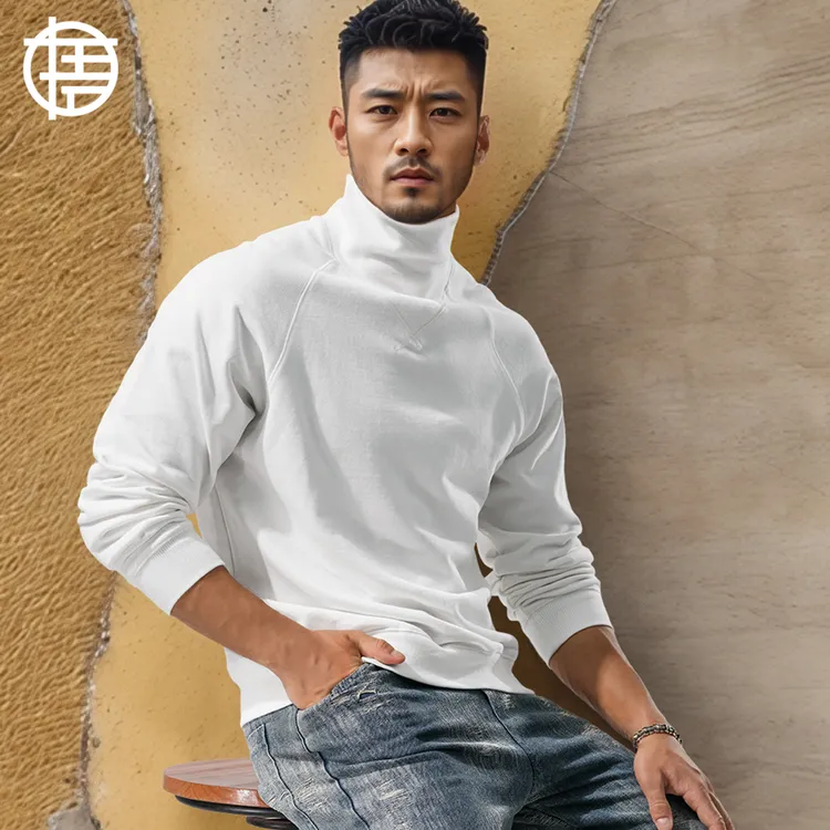 高领重磅纯棉卫衣男款插肩袖套头宽松纯色加厚长袖秋冬季厚打底衫