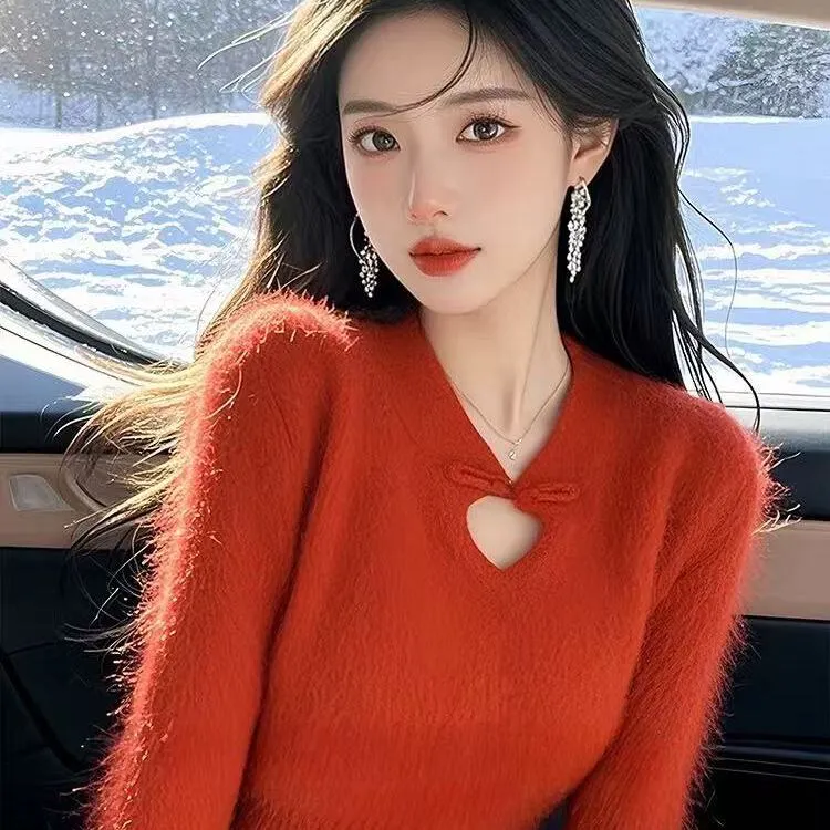 SS3411新中式红色盘扣镂空毛衣针织打底衫秋冬独特超好看长袖上衣