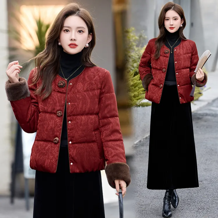新中式保暖提花冬季女短外套短款女装唐装民族风复古红色棉衣棉服