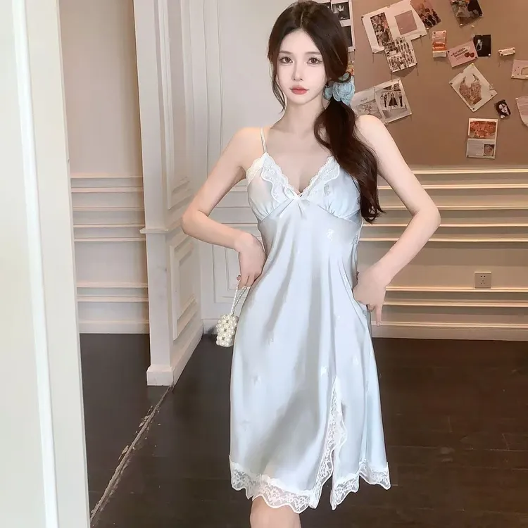 新款性感睡衣蝴蝶仙女蕾丝吊带胸垫睡裙纯欲冰丝舒适家居服可外穿