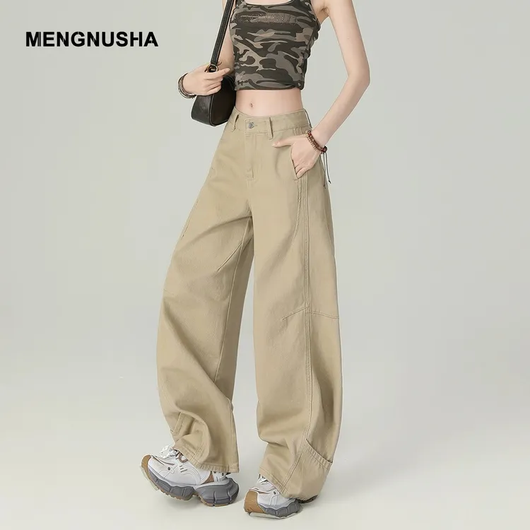 卡其色美式阔腿牛仔裤女2025新款高腰显瘦宽松小个子垂感弯刀裤子