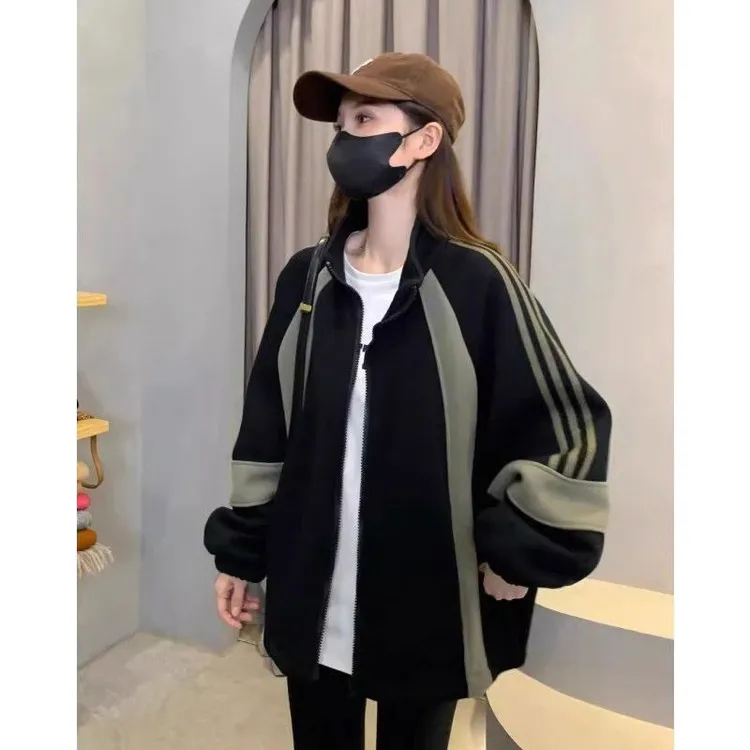 美式撞色条纹棒球服外套女款2025春季新款复古宽松小个子拉链卫衣