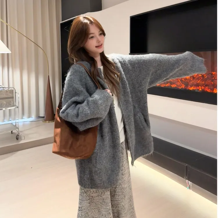 韩版复古加厚针织毛衣开衫拉链外套女秋冬新款可外穿睡衣长袖上衣