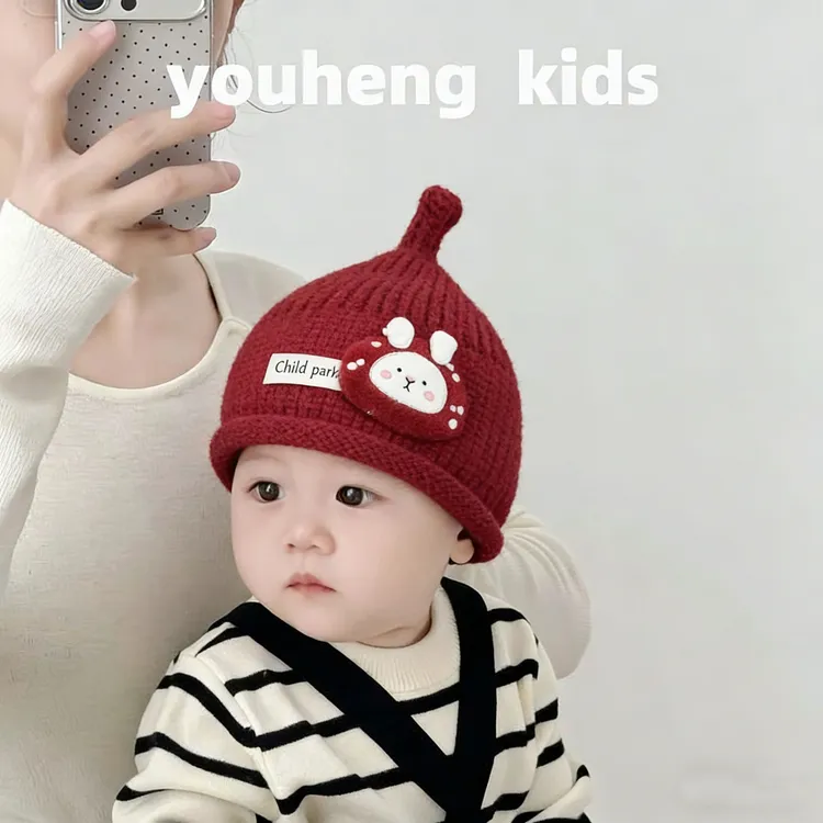 婴儿秋冬季红色毛线帽可爱超萌卡通保暖针织护耳套头帽男女宝宝