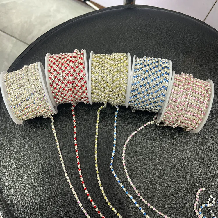 ［子言］珍珠钻爪链白珍珠加密链条彩钻银底密爪链DIY服装饰品配件