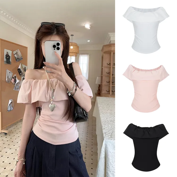 Moses Queen/魔西女王粉色荷叶边一字肩短袖t恤设计感法式上衣夏