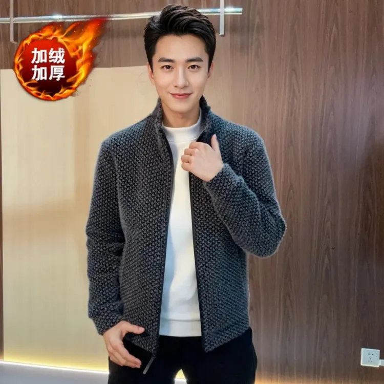 欧货轻奢男士秋冬加绒加厚保暖连帽卫衣潮流时尚痞帅开衫夹克外套