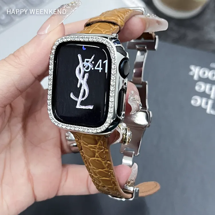 轻奢鳄鱼纹真皮表带蝴蝶扣适用Applewatch118910代苹果手表SE表带