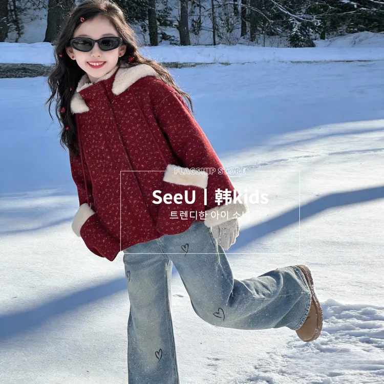 女童呢子冬季新款女孩洋气碎花儿童气质加厚红色拜年服套装