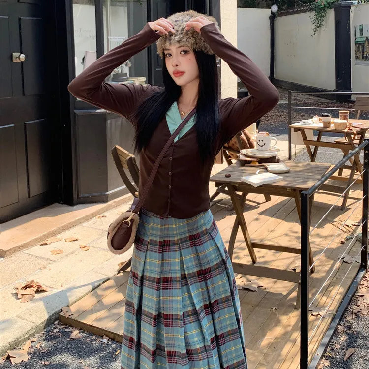 针织衫上衣格纹半身连衣裙2025新款春秋小个子韩系穿搭一整套装裙