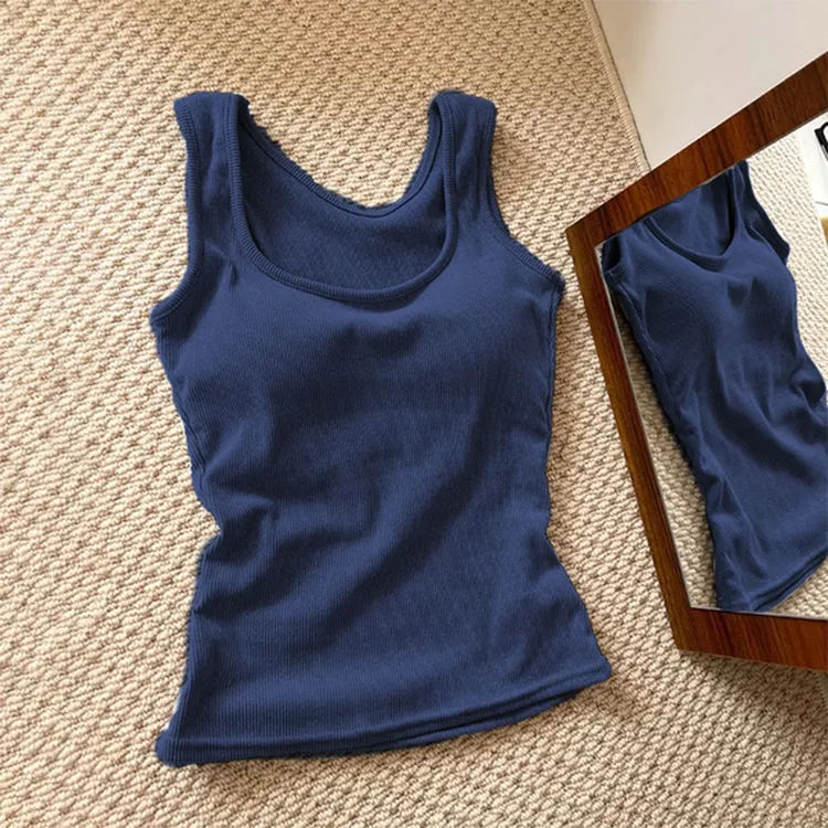 高级感吊带带胸垫上衣工字背心女藏蓝色夏外穿无袖内搭不露背u领