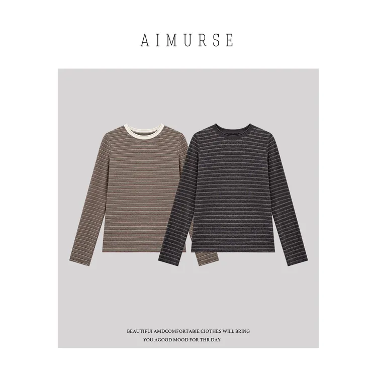 AIMURSE【富士滤镜】小众设计师 条纹保暖百搭时髦休闲T恤 AM80169