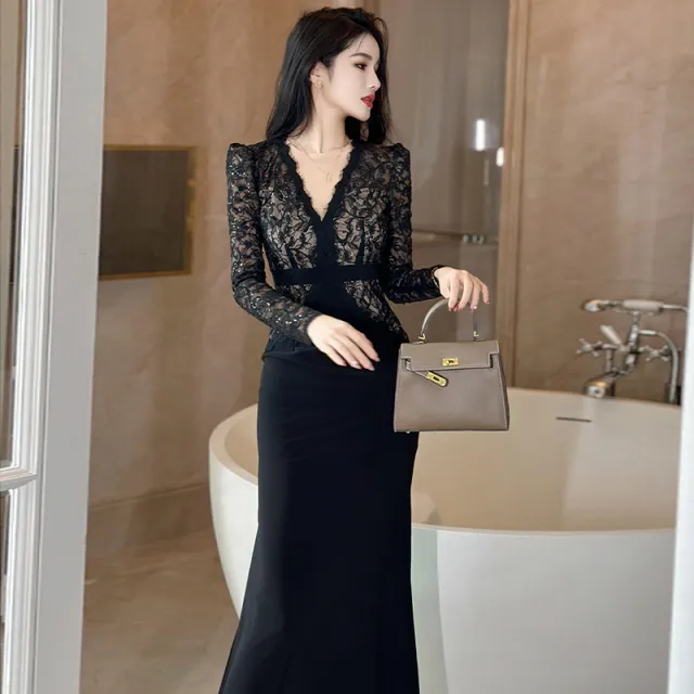 法式V领高级感连衣裙2025春春女装长袖蕾丝赫本小黑裙礼服2695